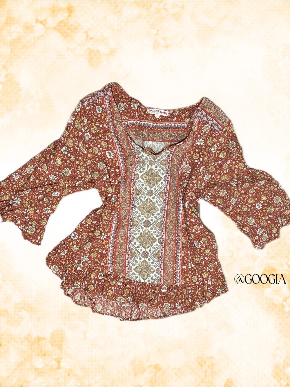 Boho Floral Peasant Tunic Top - Rust